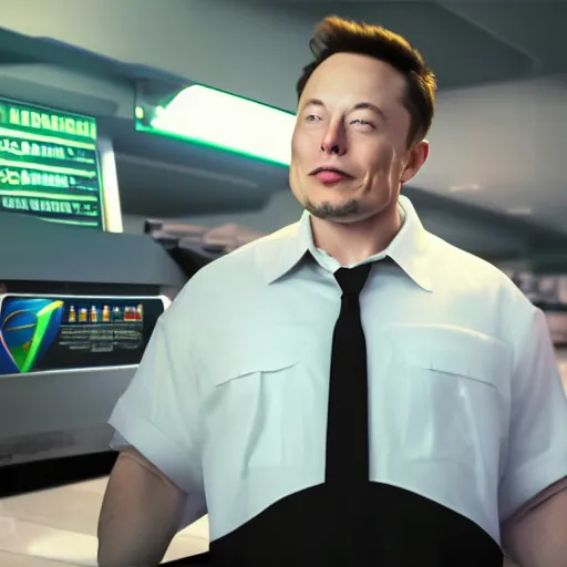 Prompt: Elon Musk manning a 7/11 cashier and wearing their uniform, macro, wide shot, dramatic lighting, octane render, hyperrealistic, HD