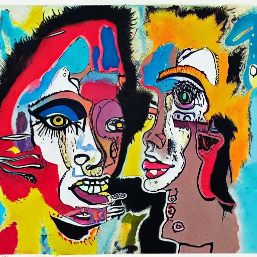 Image similar to watercolor painting of two bizarre psychedelic punk women kissing each other closeup in a vortex in japan, speculative evolution, mixed media collage by basquiat and jackson pollock, maximalist magazine collage art, sapphic art, lesbian art, chemically damaged