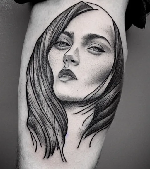 Image similar to amazing fade effect of beautiful mountain scenery with a beautiful woman face, tattoo design sketch, hyper - realistic, in the style of matteo pasqualin, amazing detail, black and white