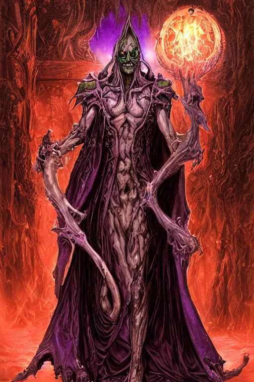 Image similar to portrait of hulking herculean ainz ooal gown undead lich, from overlord, warlock purple robes, magical electricity, upper body, fantasy, intricate, elegant, highly detailed, digital painting, artstation, concept art, sharp focus, illustration, art by luis royo, wayne barlowe, kirsi salonen, asya yoranova and alan lee