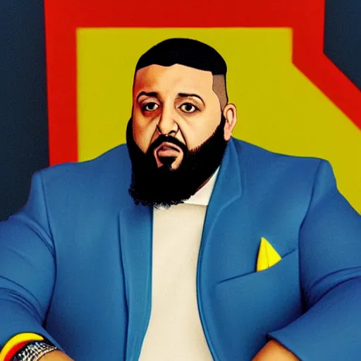 Image similar to ultra realistic portrait of dj khaled in a studio, ultra detailed, under blue, red and yellow cinematic lighting, by van gogh, cartoon, monument valley, escher