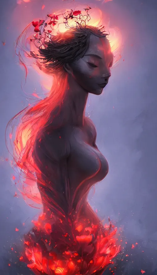 Image similar to 'Portrait of Beautiful faceless female elemental made of black fire, looking sideways, with no face, with red halo glowing out of her wrists, growing out of a giant rose, rose petals flying in the wind, fantasy, d&d, tragic, tense, digital painting, artstation, indieground, concept art, sharp focus, by Annie Swynnerton and Nicholas Roerich, madness combat, strong dramatic cinematic lighting , blood red sky, grey skin, smooth, sharp focus, extremely detailed, illustration, art by greg rutkowski, dave kendal, Godmachine, alphonse mucha''