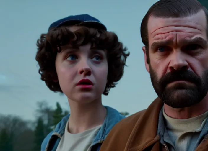 Image similar to film still of jim hopper as joyce byers in stranger things, 8 k