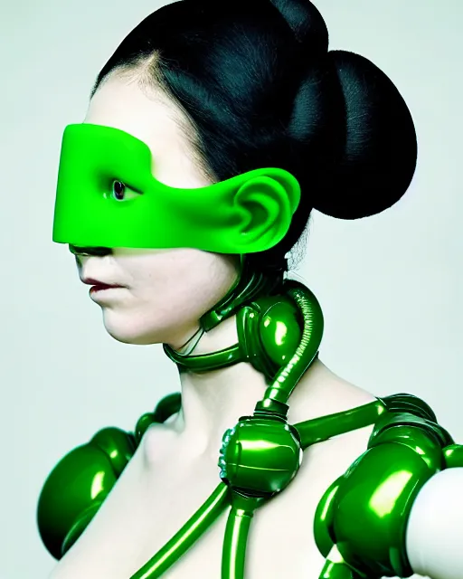 Image similar to portrait of a woman wearing a green embroidered translucent silicone mask and white frizzy hair buns, wearing a black bodysuit by alexander mcqueen, cream white background, soft diffused light, biotechnology, humanoide robot, bjork aesthetic, translucent, by rineke dijkstra, intricate details, highly detailed, masterpiece,