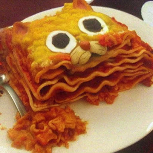 Prompt: “ garfield the cat dressed as a gnome eating lasagna ”