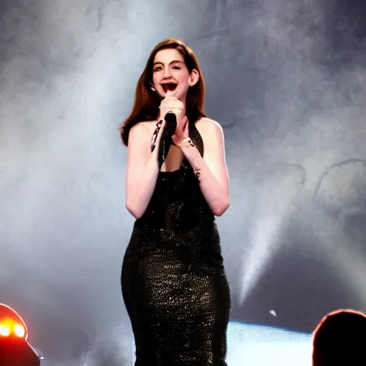 Prompt: Anne Hathaway as a rock singer on the stage