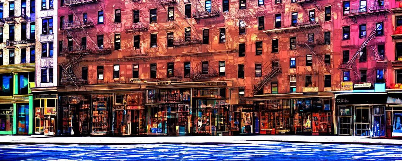 Image similar to building facade. storefronts. city block. new york. digital art