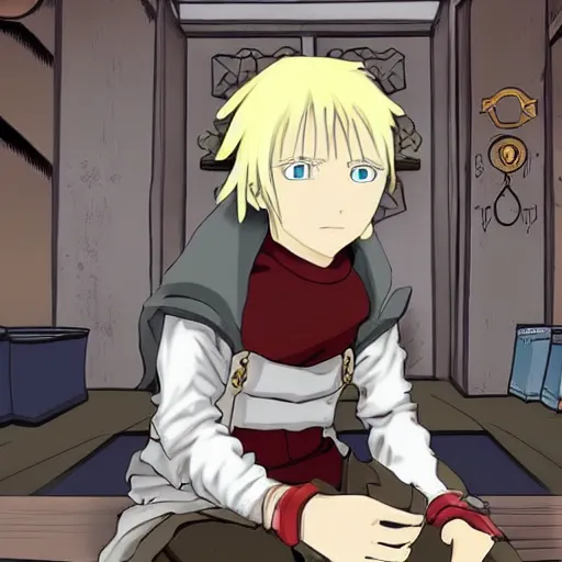 Prompt: young blonde boy fantasy thief in a tavern, full metal alchemist, anime style