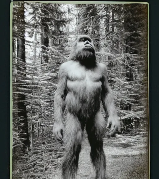 Image similar to photograph of bigfoot captured in forest on polaroid camera, signed by bigfoot in sharpie