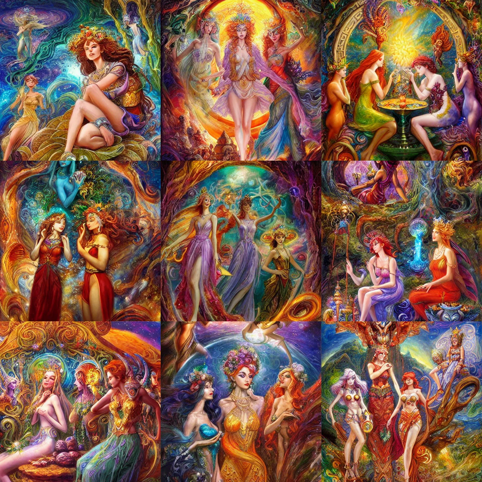 Prompt: nature goddesses and space god hanging out at mcdonald's by senior concept artist josephine wall trending on artstation