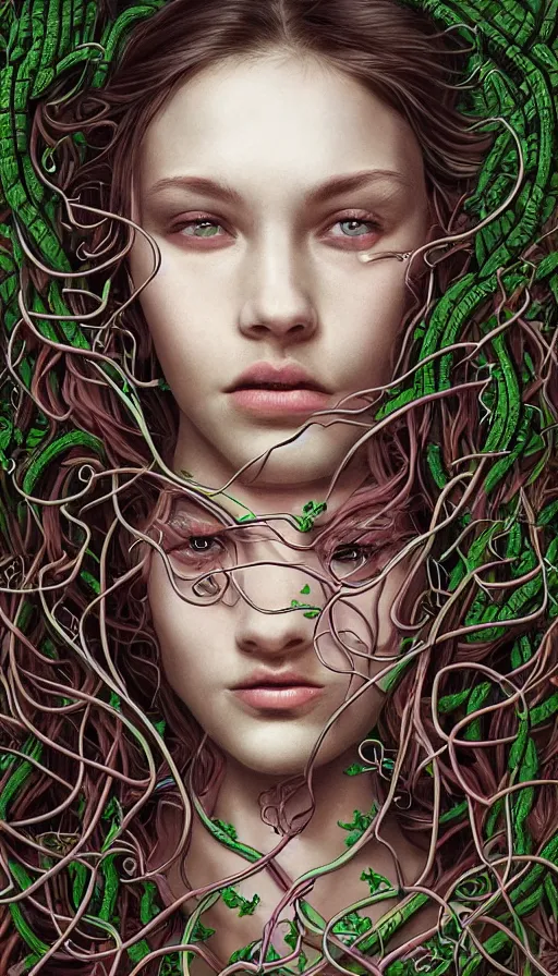 Prompt: very detailed portrait of a 2 0 years old girl surrounded by tentacles, the youg woman visage is blooming from fractal and vines, by sam spratt