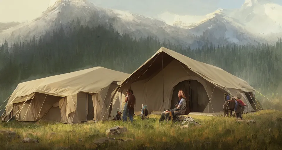 Image similar to cabela's beautiful comfortable modular insulated wall kit - house all weather family dwelling tent house, person in foreground, mountainous forested wilderness open fields, beautiful views, painterly concept art, joanna gaines, environmental concept art, farmhouse, magnolia, concept art illustration, by james gurney, by craig mullins, by greg rutkowski trending on artstation