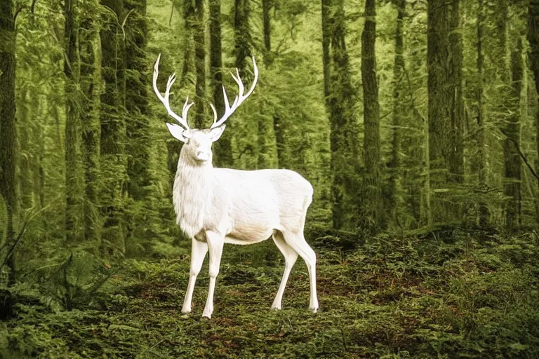 Image similar to a glowing white stag standing in ferns in the middle of the forest, at night