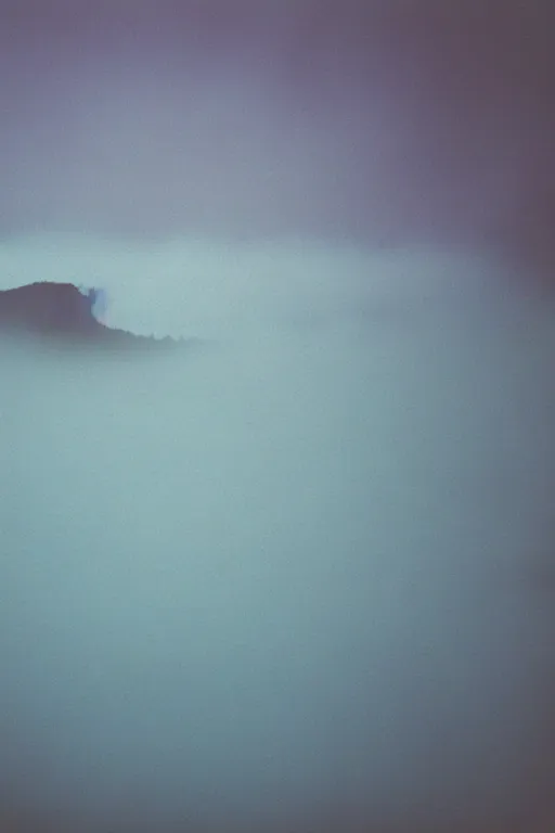 Image similar to film color photography, close-up cow face in the blue fog at the lawn, no focus, mountains in distance, 35mm