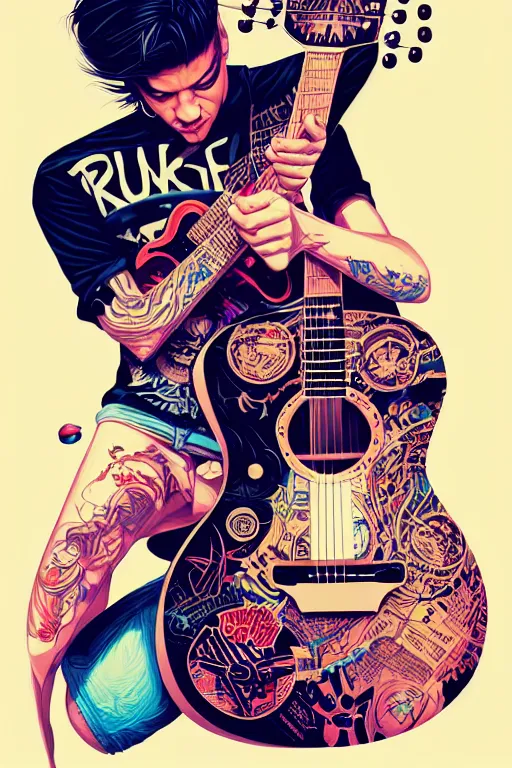 Image similar to punk rocker playing acoustic guitar, tristan eaton, victo ngai, artgerm, rhads, ross draws, intricated details, 3 / 4 view, full body portrait