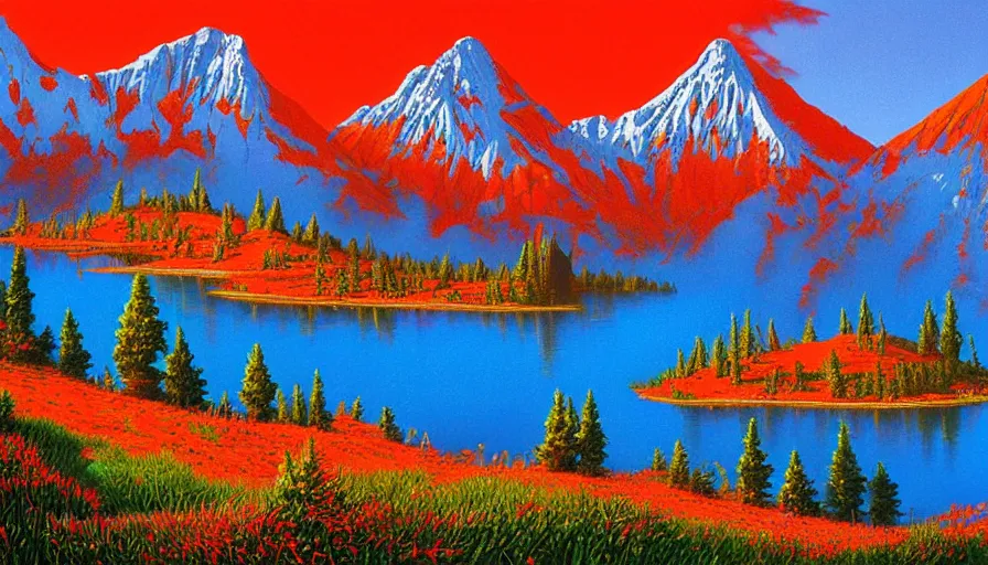 Prompt: landscape artwork of red fortress covered in spikes, black blue reflective lake, artwork by greg hildebrandt, vibrant colors