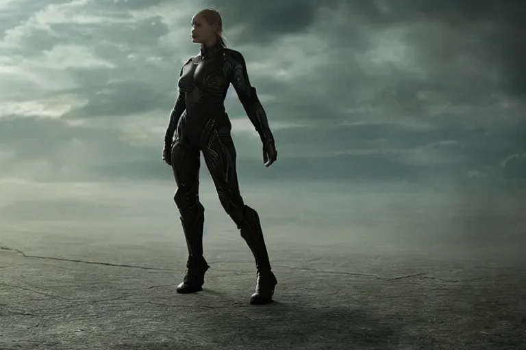 Image similar to VFX movie closeup portrait of a futuristic inhuman alien hero woman in spandex armor in future city, hero pose, beautiful skin, night lighting by Emmanuel Lubezki