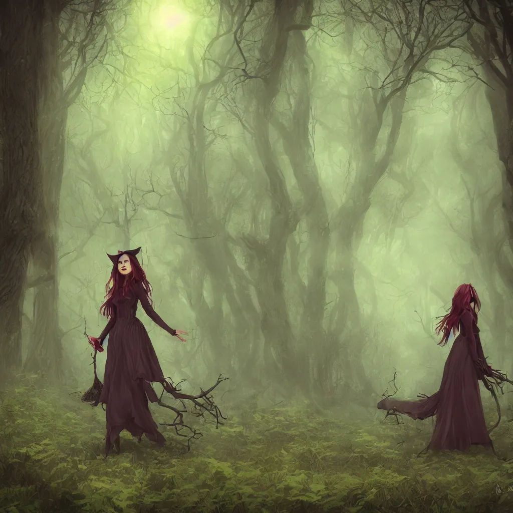 Prompt: A witch walking in a beautiful forest, fantasy, digital art, 8k