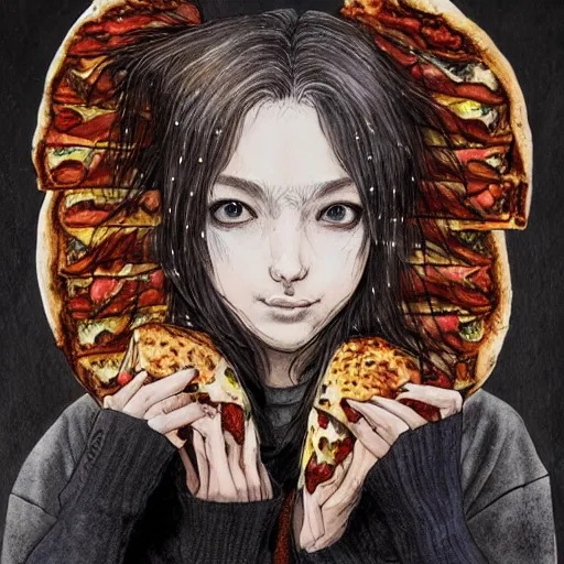 Prompt: portrait of a grungy girl, wearing a hoodie and sweatpants, symmetrical wings made of pizza, basic white background, symmetrical, watercolor, pen and ink, intricate line drawings, by Yoshitaka Amano, Ruan Jia, Kentaro Miura, Artgerm, detailed, trending on artstation, hd, masterpiece,