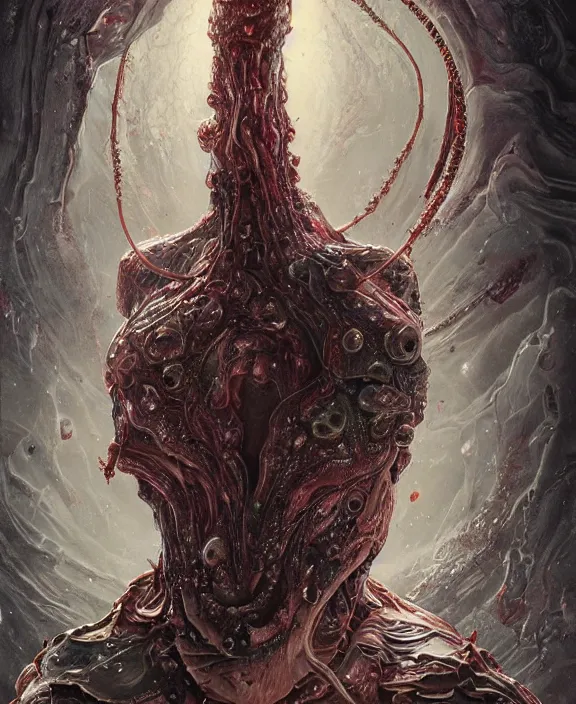 Prompt: portrait of a bloodied slime dripping intricate geometric angular genderless insect alien monster, muscles, rippling, space warping and twisting, ultra realistic, concept art, intricate details, eerie, highly detailed, photorealistic, octane render, 8 k, unreal engine. art by artgerm and greg rutkowski and alphonse mucha