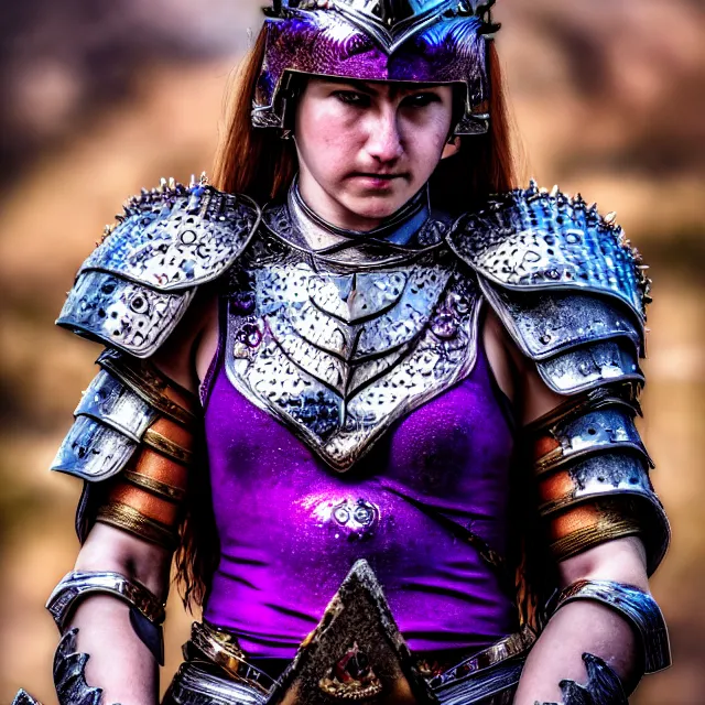 Image similar to photo of a beautiful cute warrior queen wearing amethyst encrusted armour, highly detailed, 4 k, hdr, smooth, sharp focus, high resolution, award - winning photo