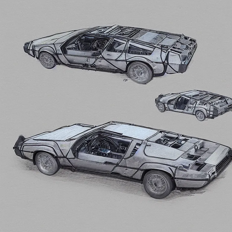 Prompt: blueprint of a sleek concept delorean, by red dead redemption 2, by greg rutowski