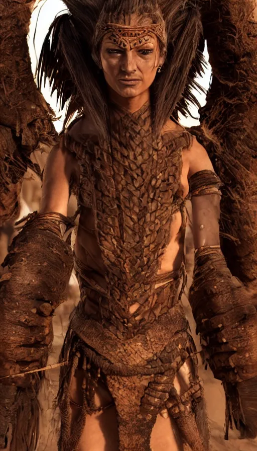 Image similar to sweated ancient princess tribewoman ready to fight, partially destroyed armor inspired monster hunter, low shot camera, muscular, symmetrical face, clean face, subtle make up, dramatic lighting, cinematic, establishing shot, extremely high detail, photorealistic, 300 the movie,monster hunter the movie, dune the movie, cinematic lighting, artstation, octane render, western,old photo, vintage, dust and destruction happening around her, freeze time