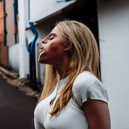 Prompt: close up photo of a fully clothed blonde model on her knees with yoghurt dripping from her face in an alley