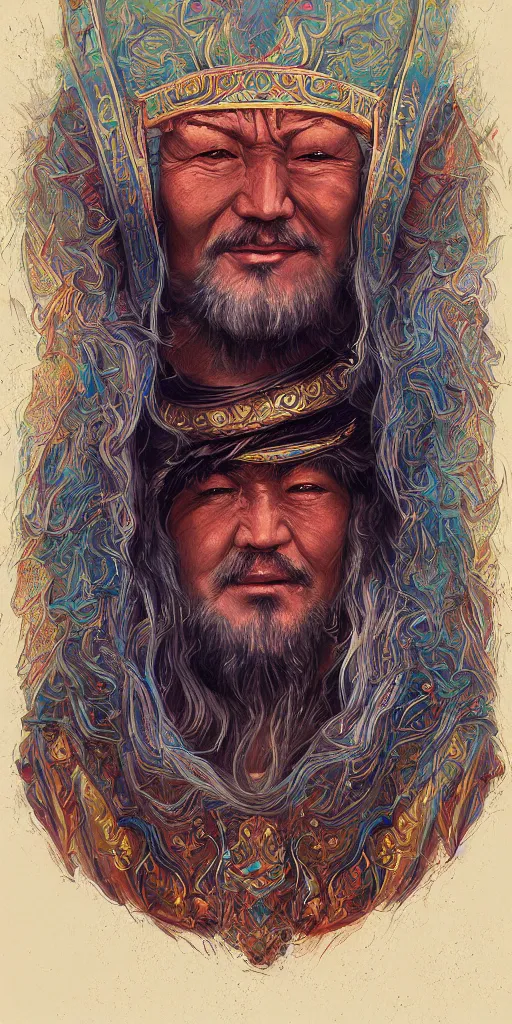 Prompt: highly detailed portrait of genghis khan by roger dean and alena aenami