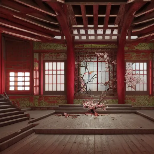 Image similar to destroyed old shintoist temple interior, detailed, jewelry, sakura,photograph, award wining, red and white, trending on artstation, 4k, unreal engine 5, octane render, neon highlights