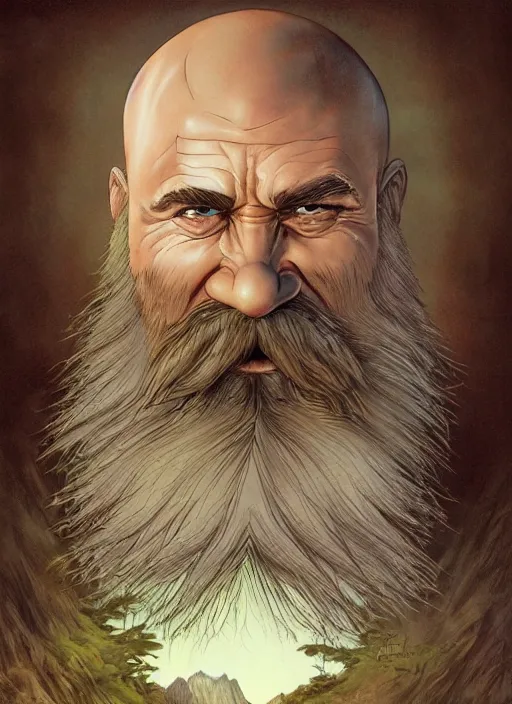 Image similar to a highly detailed symmetrical airbrush painting of a bald male dwarf with long brown beard in a mountainous landscape, morning, dynamic lighting, ambient lighting, deviantart, art by artgerm, frank frazetta and glenn fabry