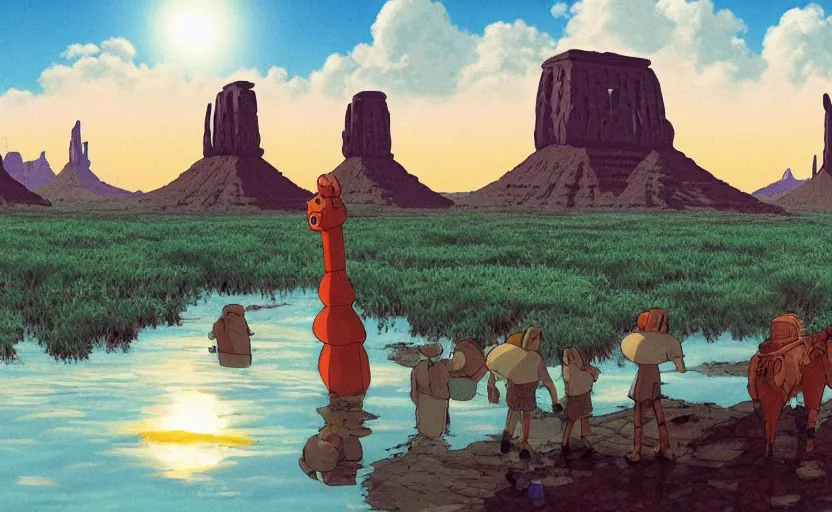 Image similar to a realistic cell - shaded studio ghibli concept art from paprika ( 2 0 0 6 ) of a cubic multi - colored rocketship from close encounters of the third kind ( 1 9 7 7 ) in a flooded monument valley stonehenge jungle jungle on a misty starry night. a camel caravan is in the foreground. very dull colors, portal, hd, 4 k, hq