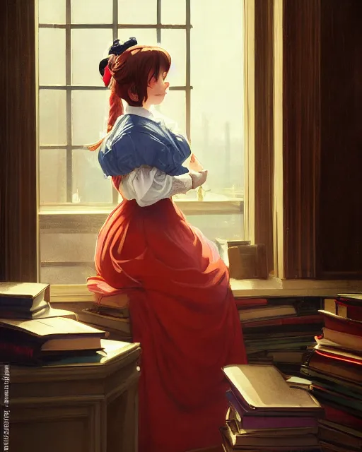 Image similar to a portrait of a victorian maid standing in a victorian reading room, window, bookshelf, holding a stack of books, vivid colors, soft lighting, atmospheric, cinematic, moody, in the style of Ilya Kuvshinov and Range Murata, Krenz Cushart, oil on canvas, anime, 8K