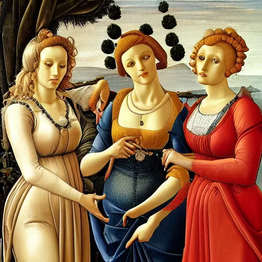 Image similar to oil painting of the Golden Girls by Botticelli, 8k high definition museum quality, beautiful, ornate, Italian renaissance, Medici,