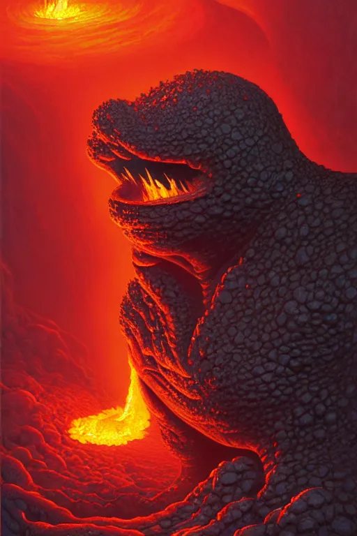 Prompt: classic oil painting, a lava blob creature with a gaping mouth and six legs, as a dnd character, crawling out of a volcano, rising smoke from his eyes, dripping magma, cottagecore, highly detailed, digital illustration, concept art, smooth, sharp focus, art by tim hildebrandt, and greg hildebrandt