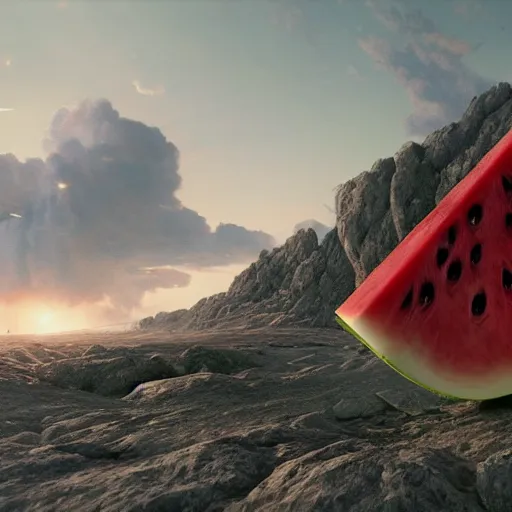 Prompt: Half Watermelon half military warmachine with epic weapons, launching rockets on a battlefield, russian city as background. Concept digital 3D art in style of Caspar David Friedrich. Rendered in unreal engine 5, artstationHD, 4k, 8k, 3d render, 3d Houdini, cinema 4d, octane epic RTX volumetric dramatic light