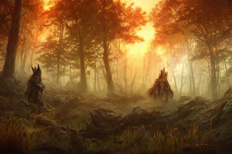 Image similar to sunset lighting ominous shadows, cinematic fantasy painting, dungeons and dragons, an ashigaru feudal armored anthropomorphic brian froud mouse looks over an autumn forest clearing of wildflowers glade jessica rossier and brian froud