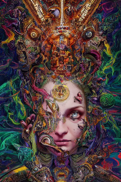 Prompt: psychedelic acid dmt cinematic dramatic lighting, hyper realistic detailed intricate render hypermaximalist ornate epic composition 4 k 8 k cryengine octane sharp focus masterpiece ultra clear portrait of cult ritual witch, single face, energy waves through time by sandra chevrier laurie greasley gustave dore, jason a engle, organic, low contrast