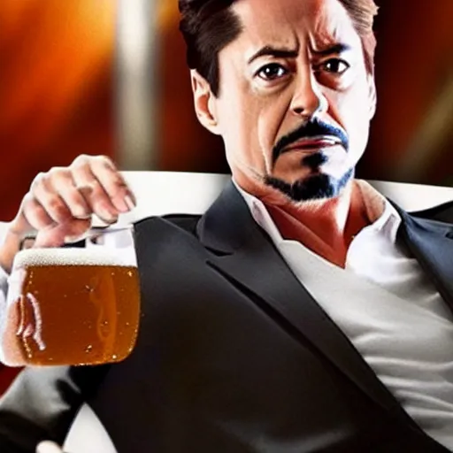 Prompt: tony stark from the avengers 2012 drinking a beer