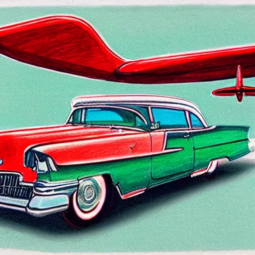 Image similar to a color pencil design sketch for a 5 0 s flying cadillac car with plane wings