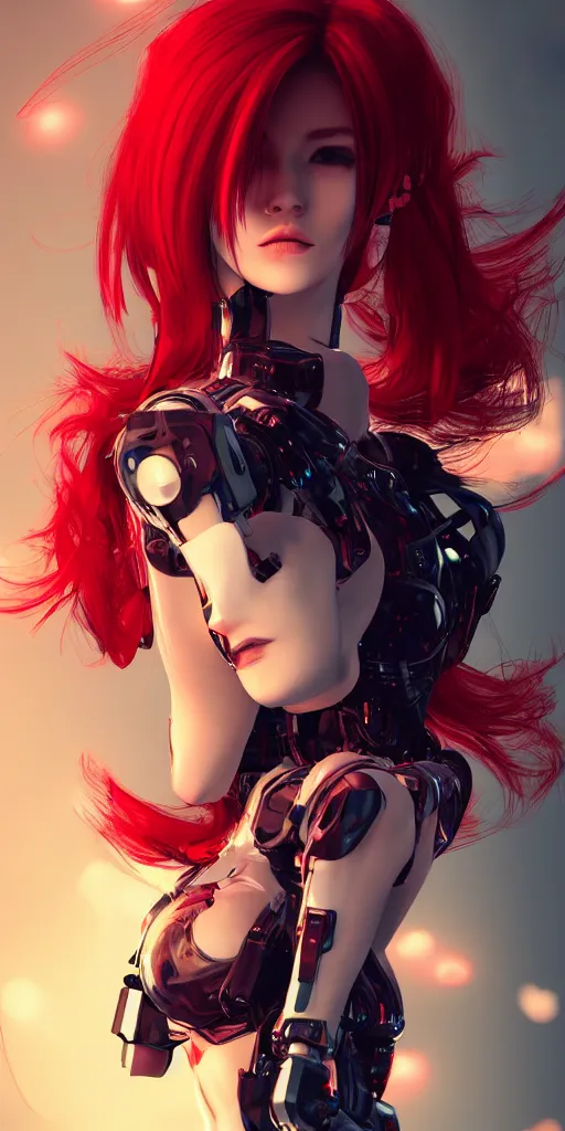 Image similar to Robot girl with red hair Cyber punk 2077, a very beautiful portrait, Devil May Cry game style, woman wrapped in lily flowers, photorealism