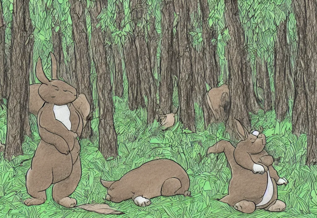 Image similar to drawing of a sighting of big chungus in a forest, award winning drawing, high detail