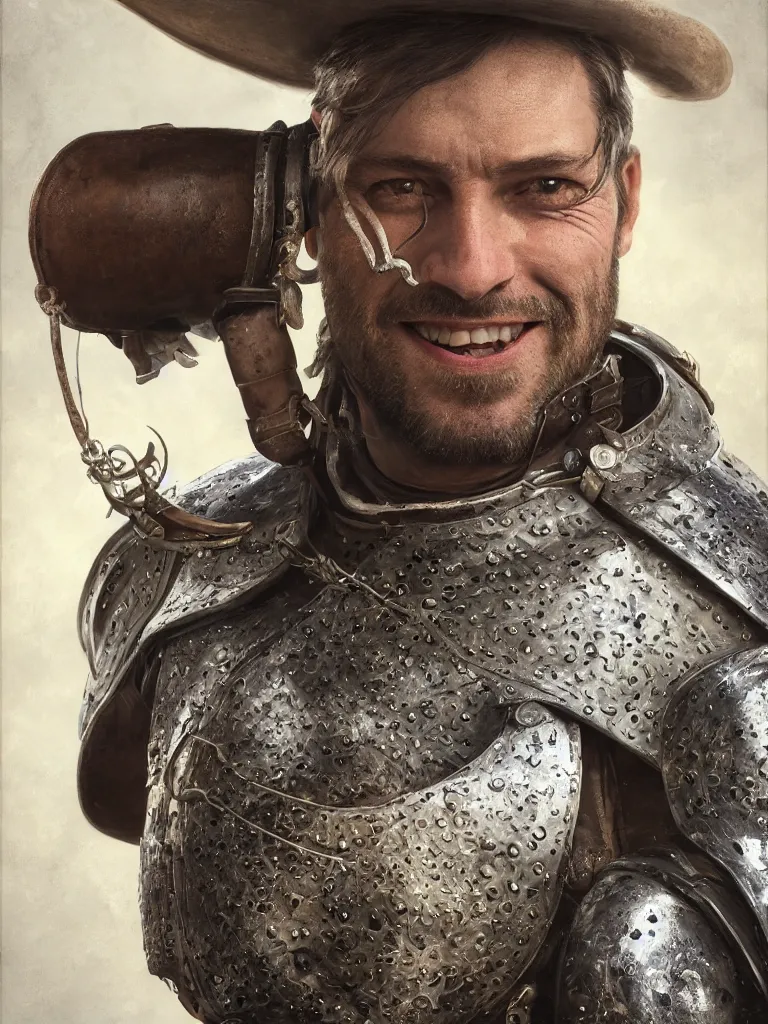 Image similar to corporate portrait, closeup headshot of cowboy snake oil salesman in medieval armour with snake oil stimulant tonic formula tincture dripping from his lips, riding a bull, by Greg Rutkowski, 8K, hyper detailed, realistic, by onesal, by sixnfive , behance 3d , studio photography DSLR, Photoreal epic composition