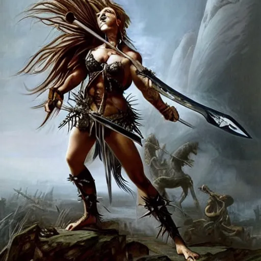 Image similar to realistic art style, warrior girl, muscular girl, wild spiky black hair, long spiky hair, electrified hair, holding scimitar made of bone, scimitar, sword, jagged sword, curved sword, orkish sword, colorized, gray skin, hyper - detailed, primeval fantasy, prehistoric fantasy, art by jacques - louis david