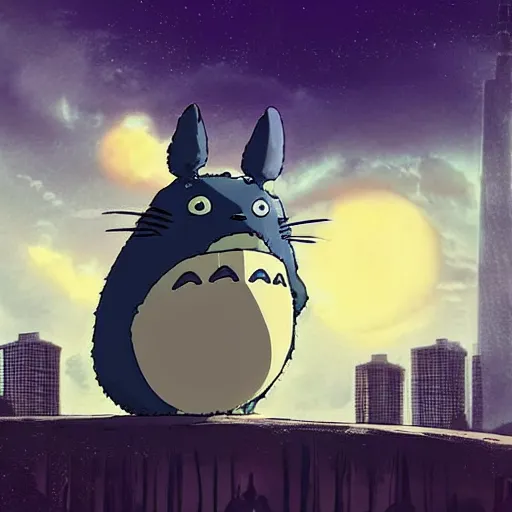 Prompt: totoro doing tourism with a photocamera, in the big city, europe, skyscrapers, fantasy digital art, wow, stunning, ghibli style, hight quality