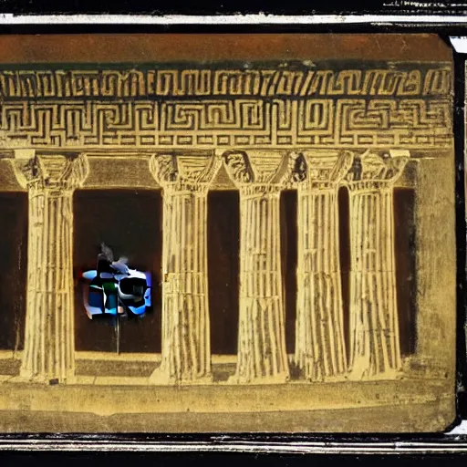 Image similar to a mecha robot inside a Greek temple, Greek temple, Daguerrotype