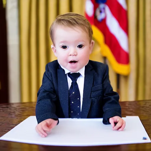 Prompt: professional photograph of a cute toddler wearing a suit and sitting in the oval office desk, very detailed, very intricate, 8 k,