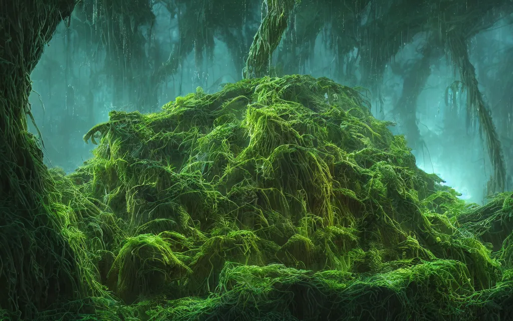 Image similar to a beautiful macro photography of green fern with water drops filled with alien fungus, bioluminescent , hyper detailed, ,warm volumetric lights , Zoom Matte painting ,made by Gerald Brom and Mike Winkelmann, trending on art station