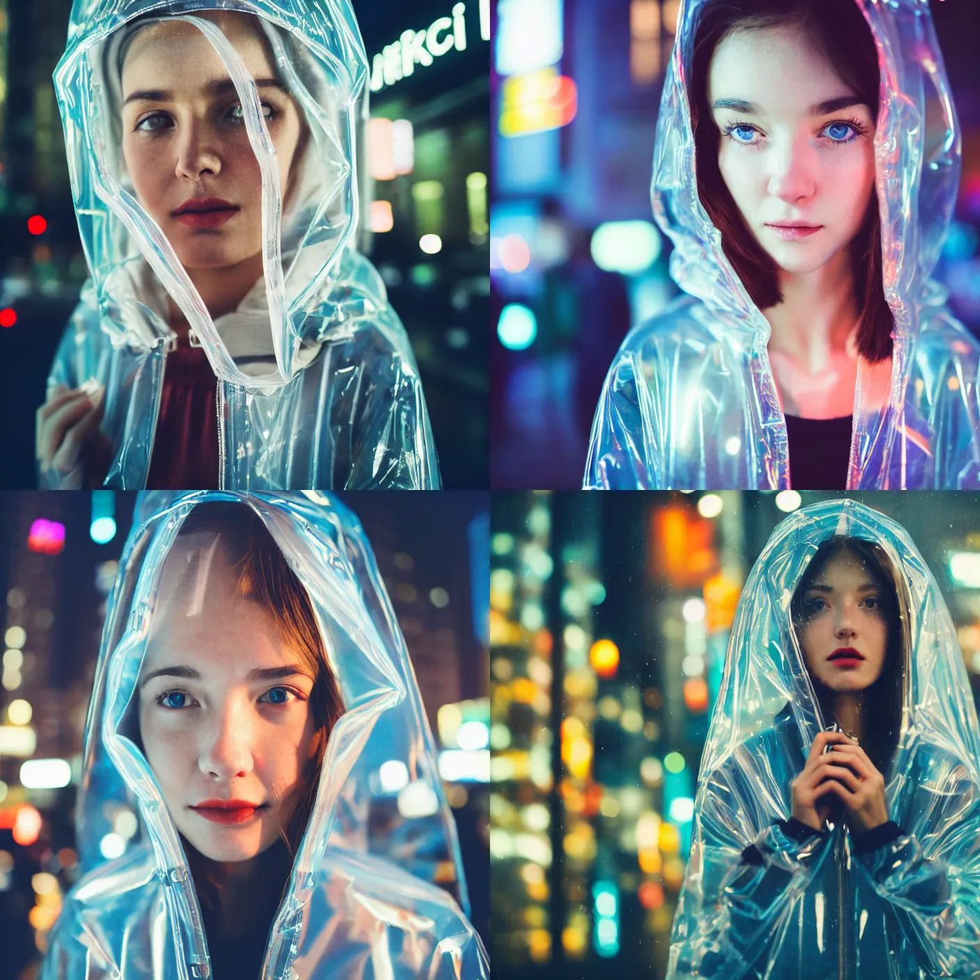 Prompt: A frontal face close up photography of Caucasian woman wearing a transparent raincoat with hoodie on by Oleg Oprisco. Aesthetic Tokyo Retro. cyberpunk city night photography city. close up. kodak ektar film. Depth of field. whirl bokeh. detailed. hq. realistic. Moody. Filmic. lens flare. Leica M9, f/1.2, symmetrical balance, in-frame