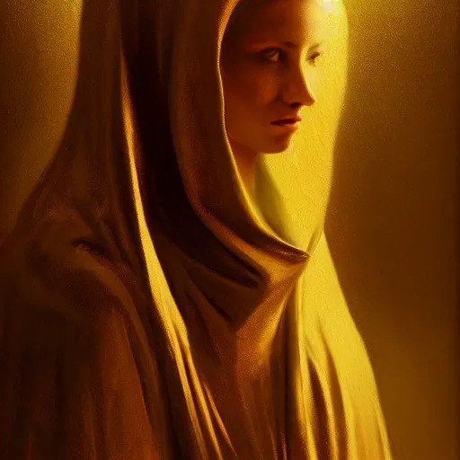 Prompt: a portrait of a young woman wearing a long dark cloak, hood and shadows covering face, holding golden chains, oil painting, Volumetric Golden dappled dynamic lighting, Highly Detailed, Cinematic Lighting, Unreal Engine, 8k, HD, by Beksinski